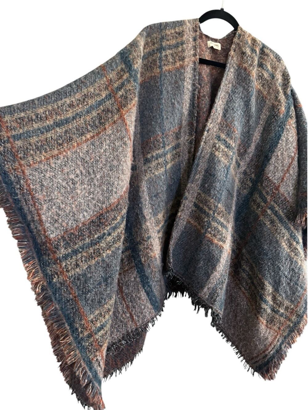 World Market Womens Open Poncho Sweater One Size Plaid Blue Silver #7398